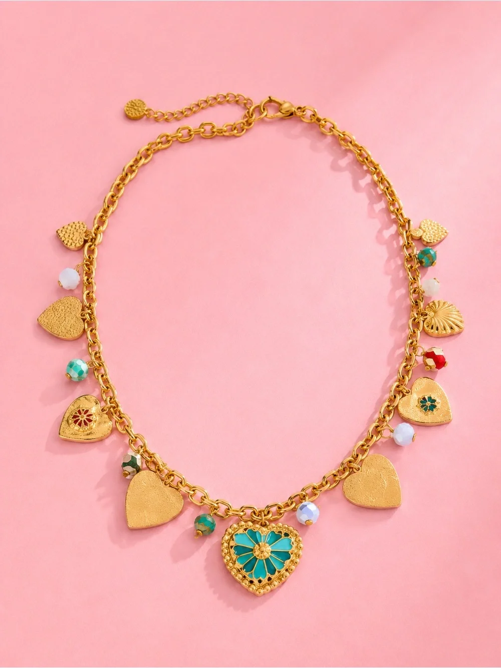 Mosaic Gold Heart Charm Necklace with Turquoise and Multicolor Beads - Picture 2 of 10